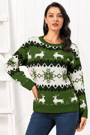 Green acrylic sweater with reindeer and snowflake fair isle pattern, crew neck, long sleeves.