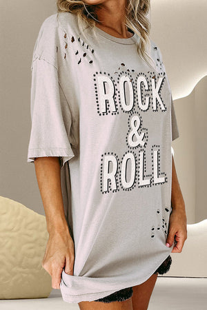Light gray distressed cotton t-shirt with a bold "ROCK & ROLL" graphic and ripped details.