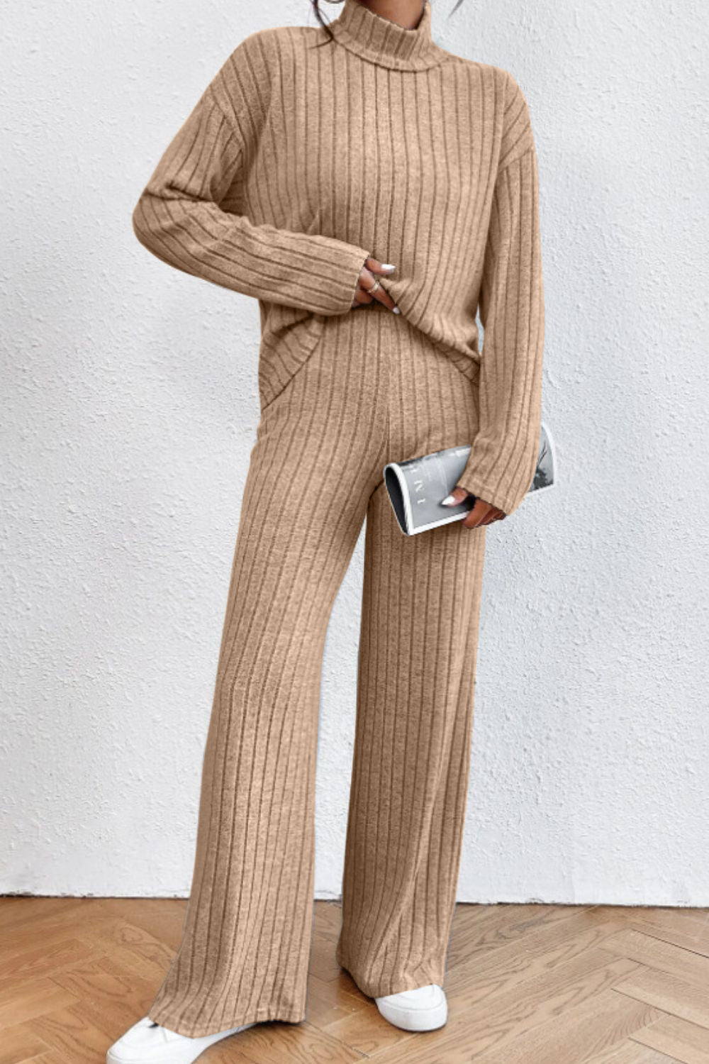 Ribbed knit turtleneck lounge set in Khaki with wide leg pants and long sleeves.