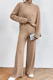 Ribbed knit turtleneck lounge set in Khaki with wide leg pants and long sleeves.