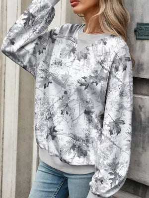 Leaf Print Sweatshirt With Contrasting Trim in Dark Gray with contrasting trim