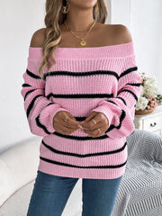 Off-the-shoulder pink striped knit pullover sweater with black stripes and balloon sleeves.