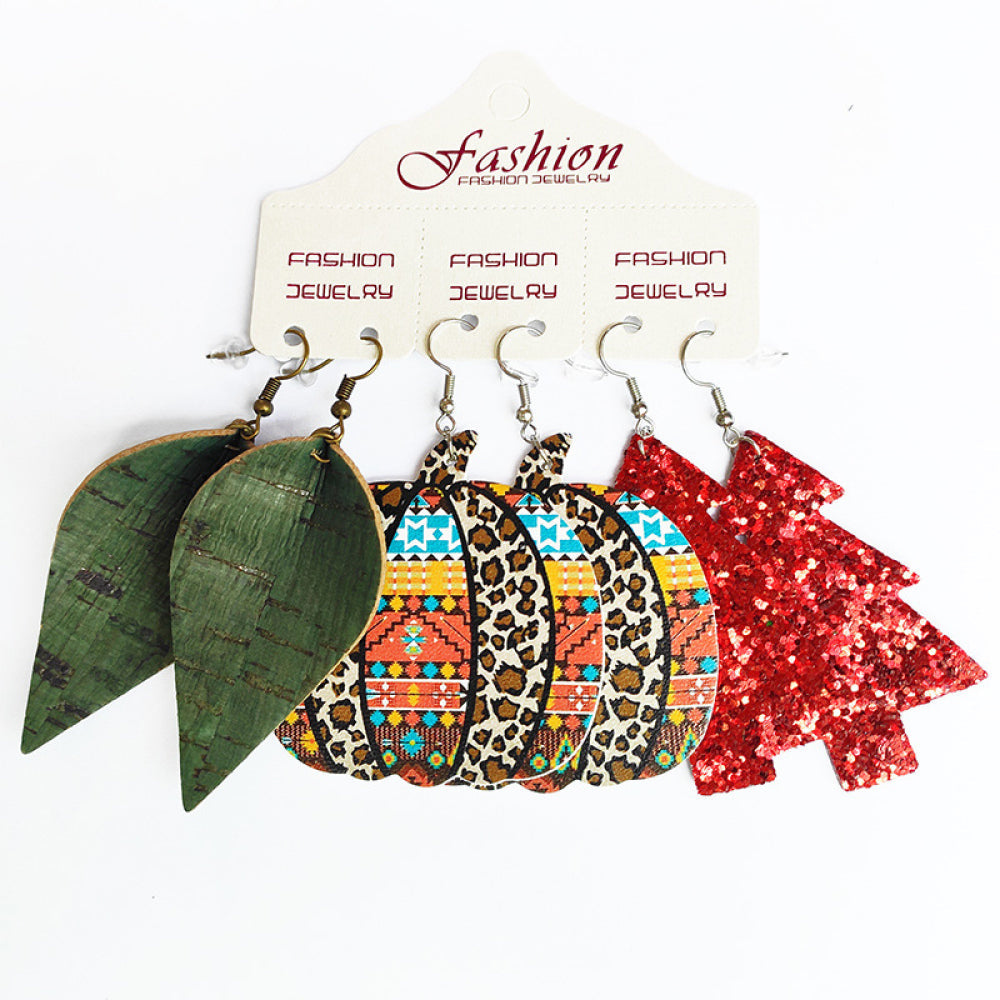 Leopard print pumpkin and red glitter Christmas tree earrings, green leaf earrings