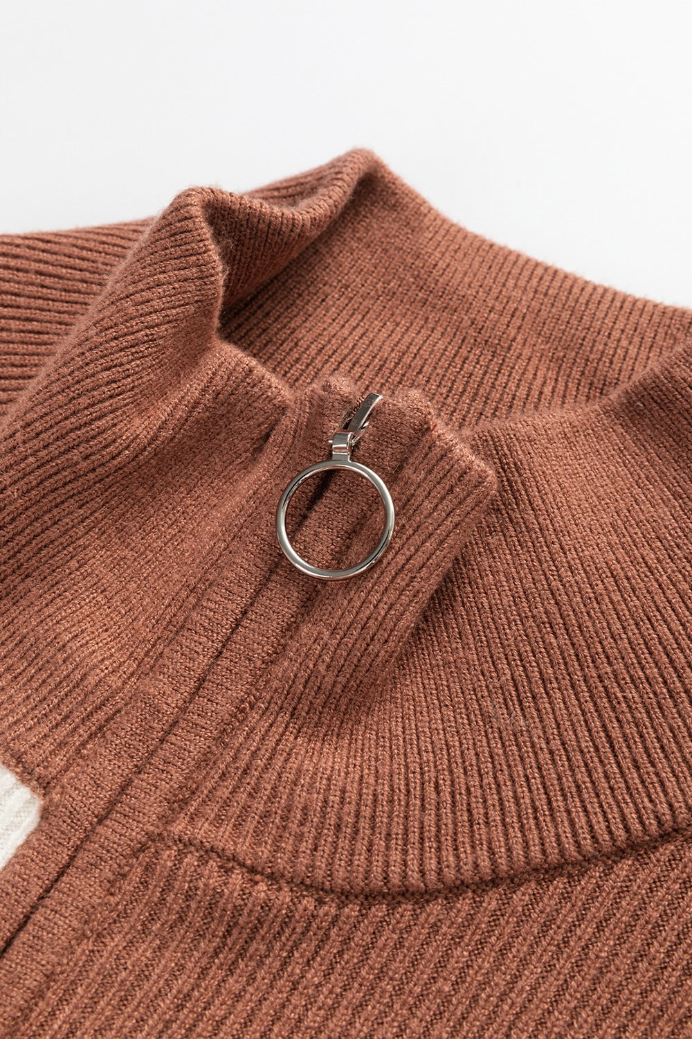 Colorblock ribbed mini dress in terracotta with zip-neck detail