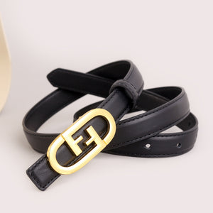 Black cowhide leather belt with gold oval buckle and FF logo detail
