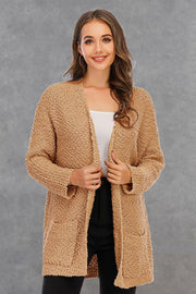 Khaki textured cocoon cardigan with patch pockets and open front