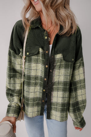 Corduroy yoke plaid overshirt in Black Forest with collared neckline and button front.