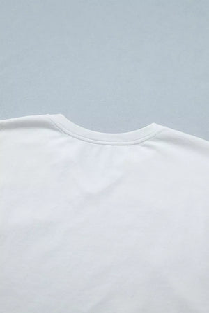 White cotton maternity tee with notched neckline and star applique detail.