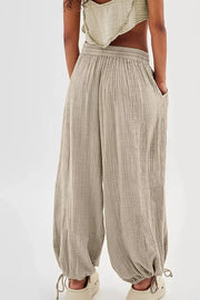 Loose Fit Gauze Pants With Drawstring Waist in Khaki, back view