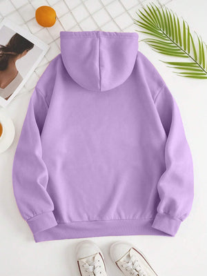 Oversized lavender hoodie with pouch pocket and ribbed cuffs and hem.