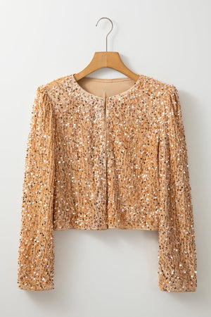 Tan sequin embellished cropped open jacket with long sleeves.