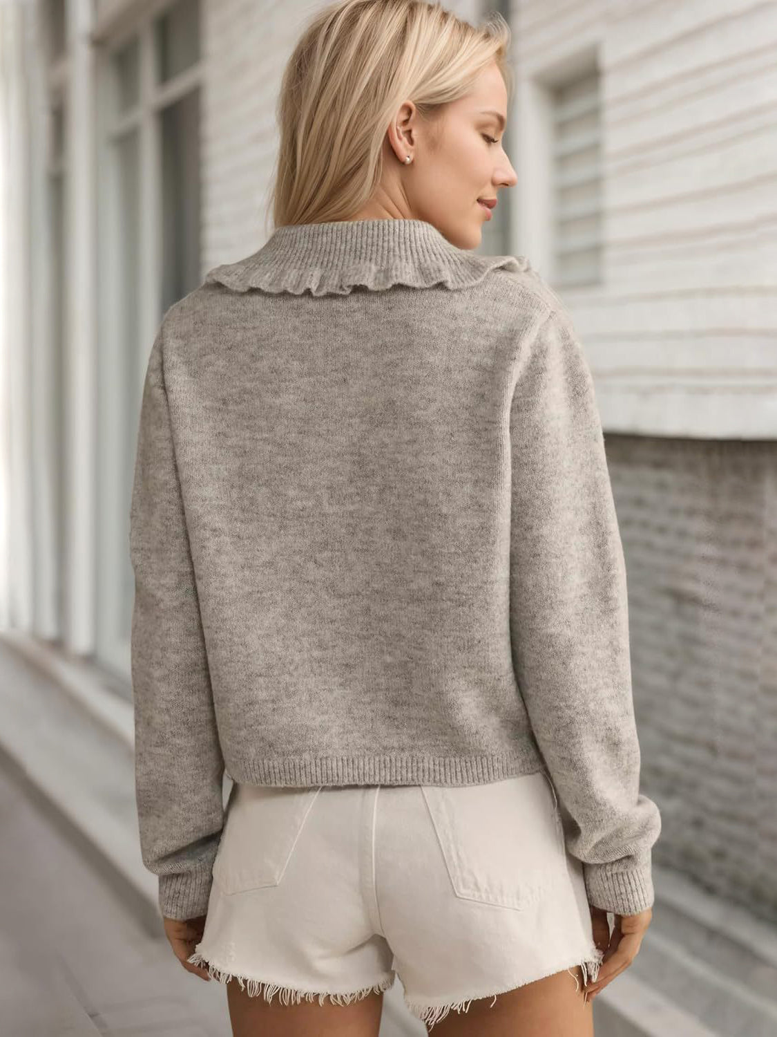 Light Gray knit cardigan with a frilled collar and button front, shown from the back.