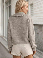 Light Gray knit cardigan with a frilled collar and button front, shown from the back.
