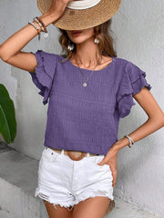 Purple textured smocked blouse with ruffle sleeves