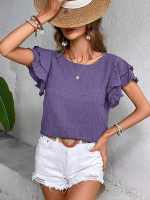 Purple textured smocked blouse with ruffle sleeves