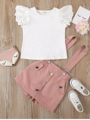 White cotton t-shirt with lace flutter sleeves and pink suspender skirt outfit