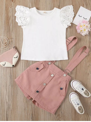 White cotton t-shirt with lace flutter sleeves and pink suspender skirt outfit