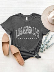 Gray graphic t-shirt with Los Angeles California text, 100% polyester, short sleeves