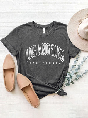 Gray graphic t-shirt with Los Angeles California text, 100% polyester, short sleeves