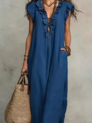 Bohemian Ruffle Neck Maxi Dress Plus Size in Blue, back view