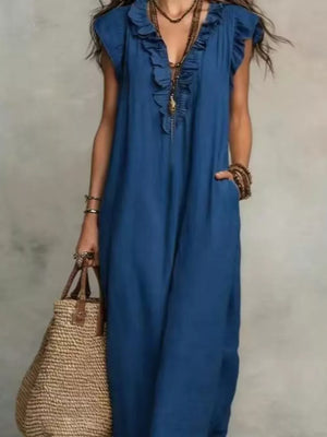 Bohemian Ruffle Neck Maxi Dress Plus Size in Blue, back view