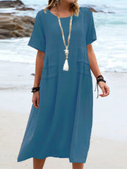 Full Size Casual Linen Blend Midi Dress in Royal Blue, view 14