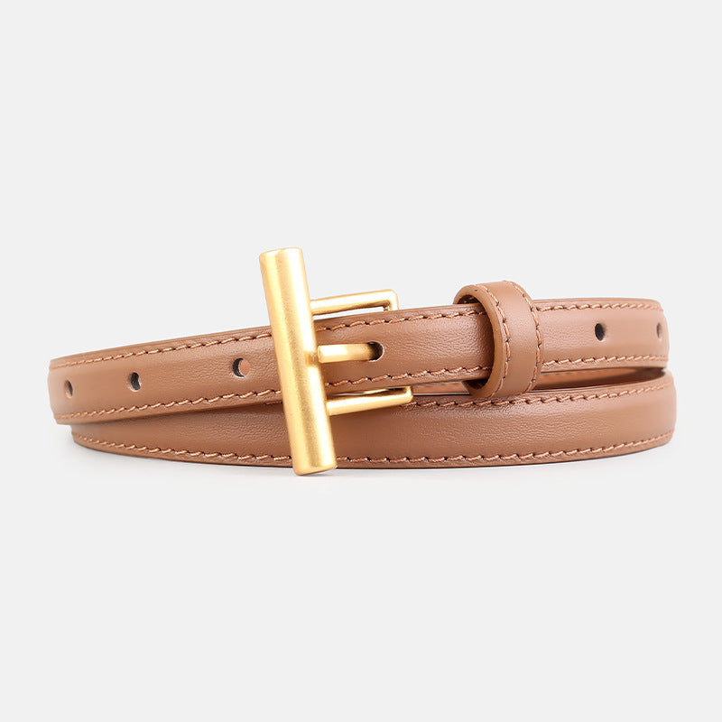 Brown cowhide leather belt with gold T-buckle and stitching detail