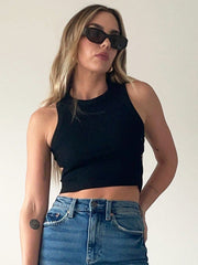 Black ribbed cutout crop top with a racerback neckline.