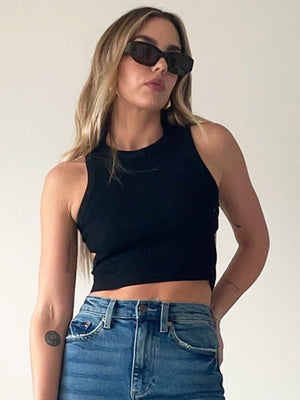 Black ribbed cutout crop top with a racerback neckline.
