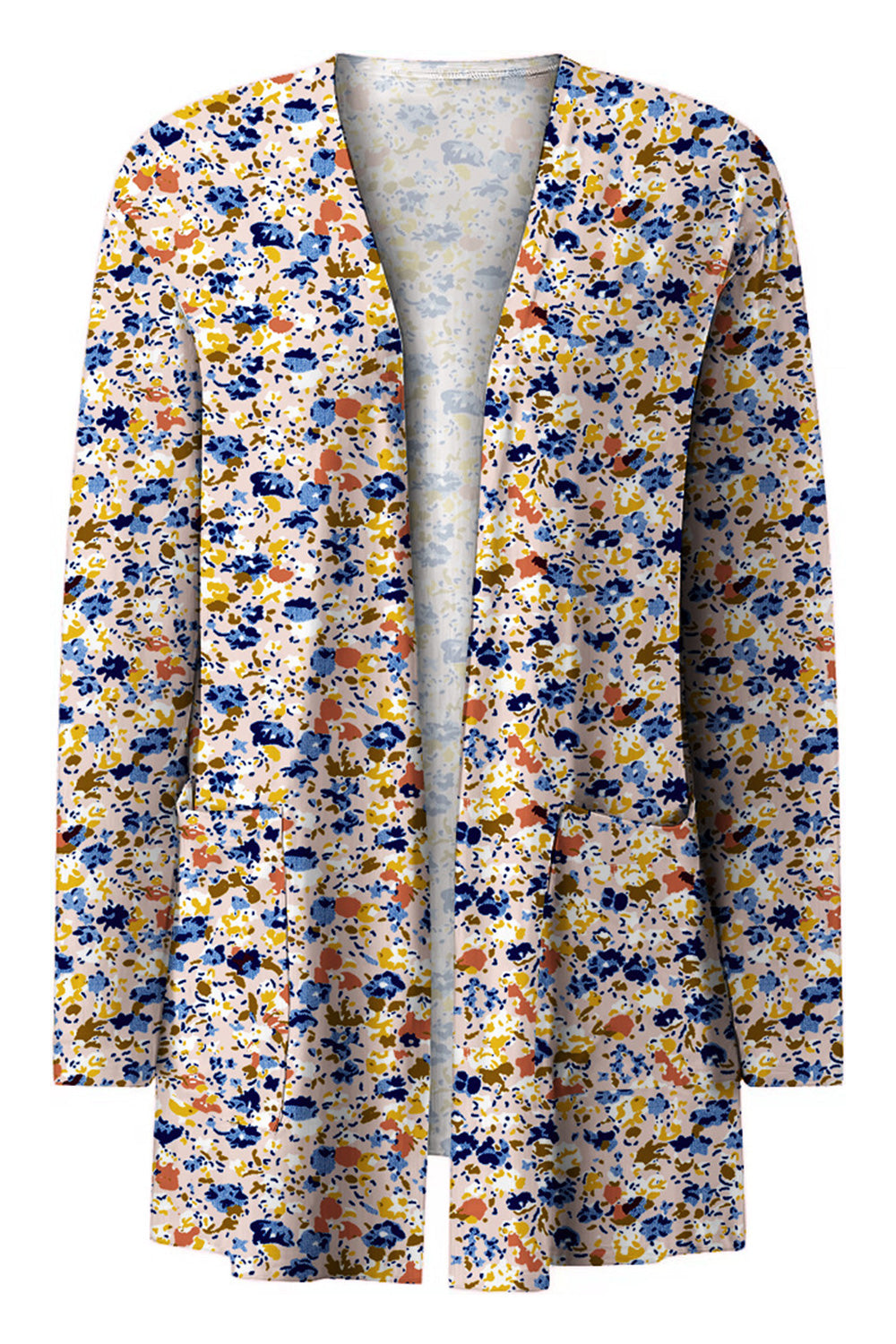 Floral print open-front duster cardigan with pockets and long sleeves.