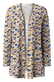 Floral print open-front duster cardigan with pockets and long sleeves.