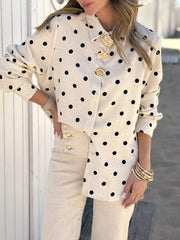 Polka Dot Button Up Shirt in Beige, front view