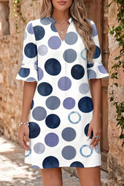 Chic polka dot mini dress with flounce sleeves and V-neck in blue and grey.