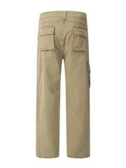 Khaki utility cargo pants with wide legs and multiple pockets.