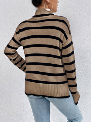 Oversized camel and black stripe turtleneck sweater with ribbed cuffs and hem.
