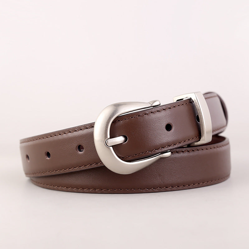 Brown cowhide leather belt with silver buckle and stitching detail.