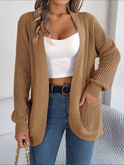 Caramel textured knit open-front cocoon cardigan with pockets and ribbed cuffs.