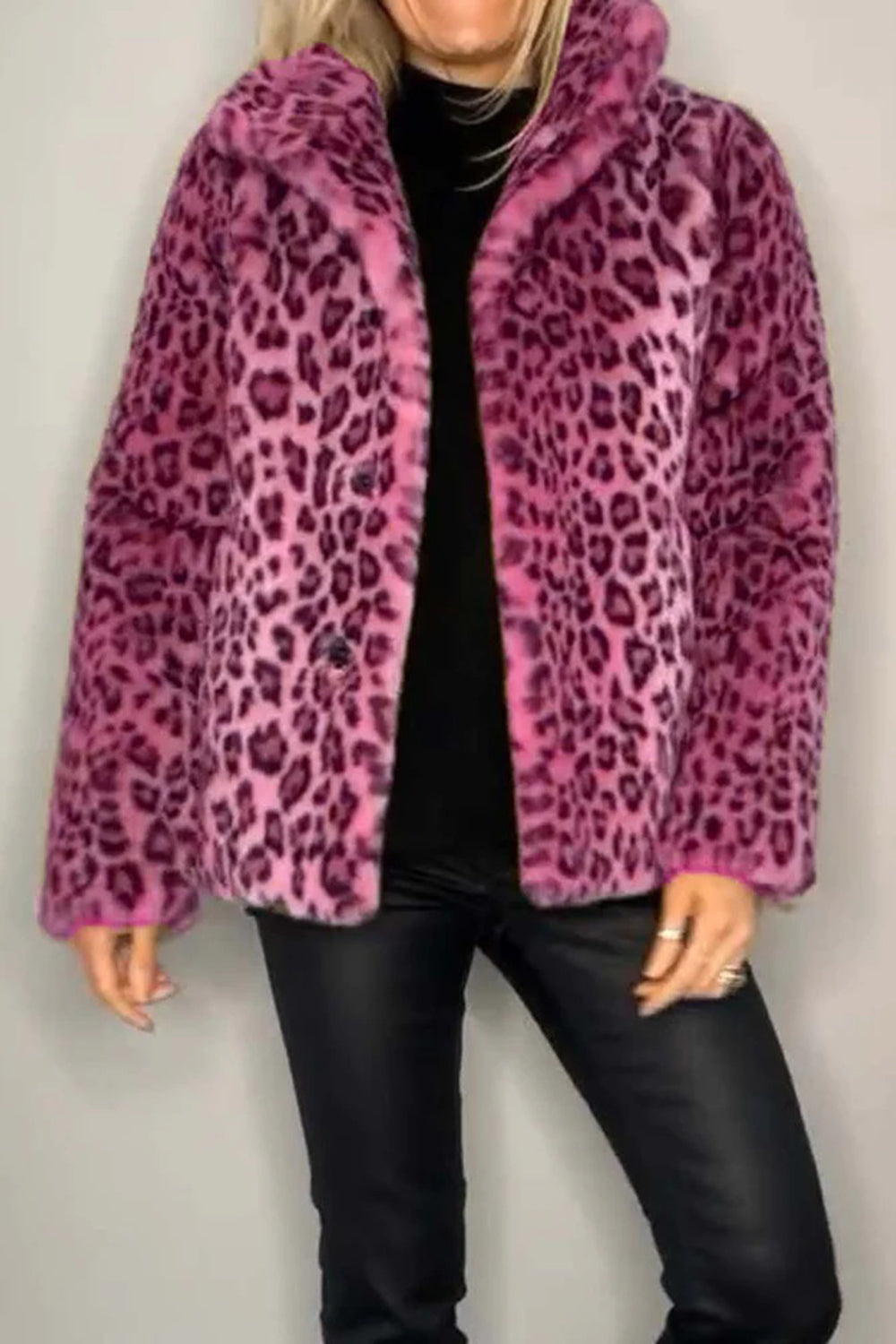Leopard faux fur collar coat in pink with black animal print.
