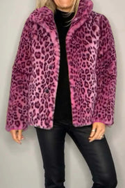 Leopard faux fur collar coat in pink with black animal print.