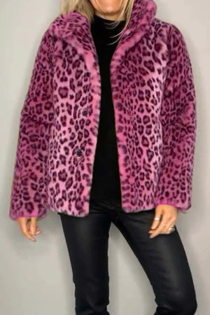 Leopard faux fur collar coat in pink with black animal print.