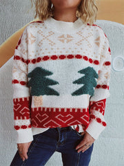 Beige knit sweater with festive appliqué trees and geometric patterns.