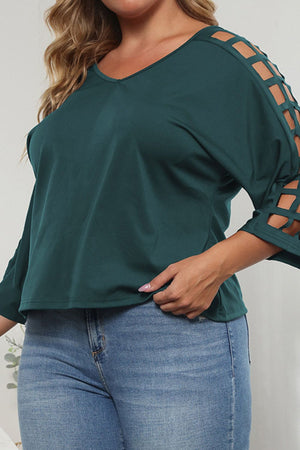Forest green v-neck blouse with lattice cutout sleeves