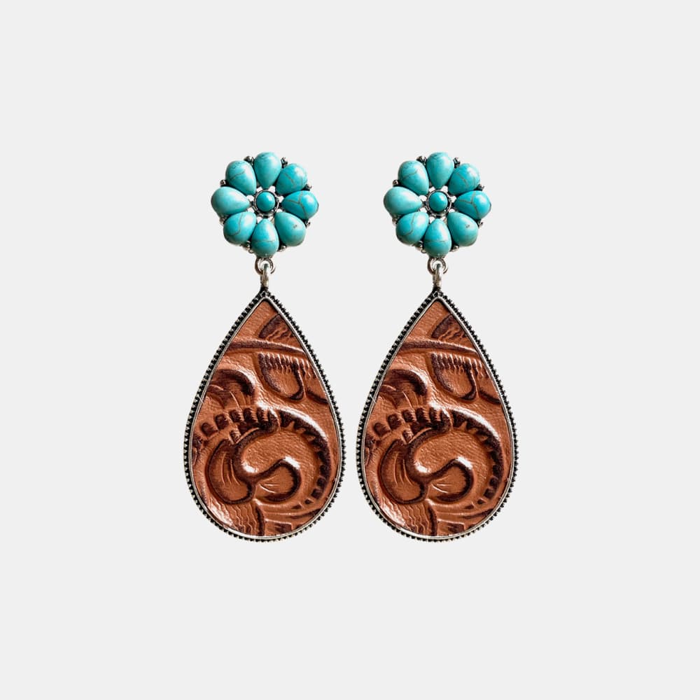 Brown tooled leather teardrop earrings with turquoise flower tops