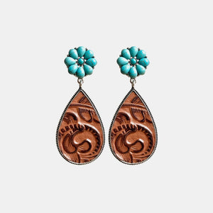Brown tooled leather teardrop earrings with turquoise flower tops