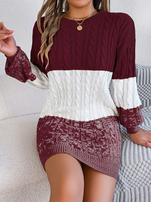 Colorblock cable knit mini dress in burgundy and white acrylic with crew neck and long sleeves.