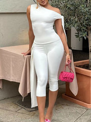 White one-shoulder tie top and capri set with draped sleeves