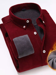 Burgundy corduroy button-down shirt with plush gray lining and cuffs.
