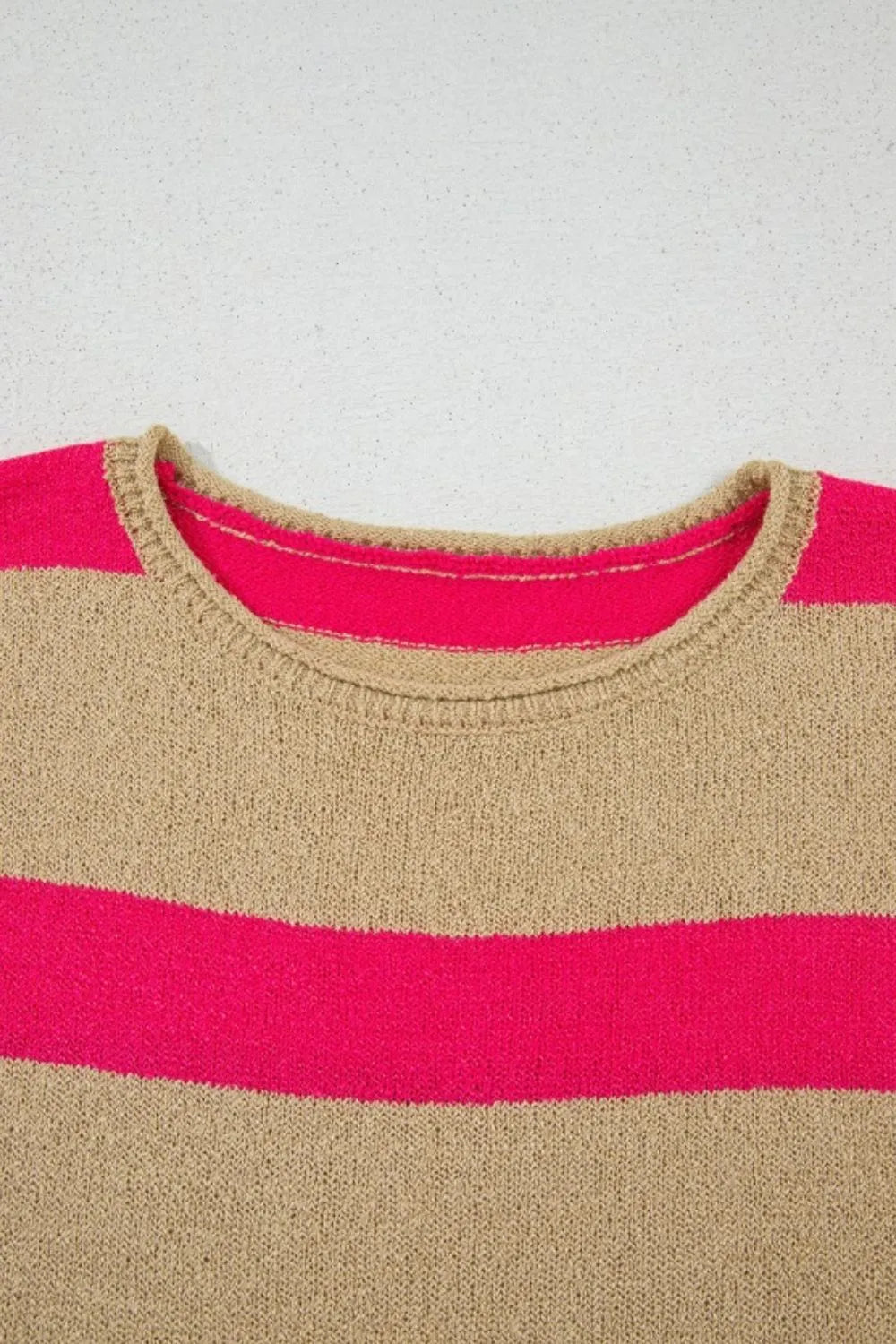 Metallic stripe boxy tee with crew neck and acrylic knit.