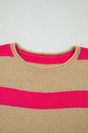 Metallic stripe boxy tee with crew neck and acrylic knit.