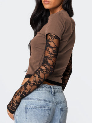 Brown crew neck t-shirt with black lace sleeves and cropped hem.